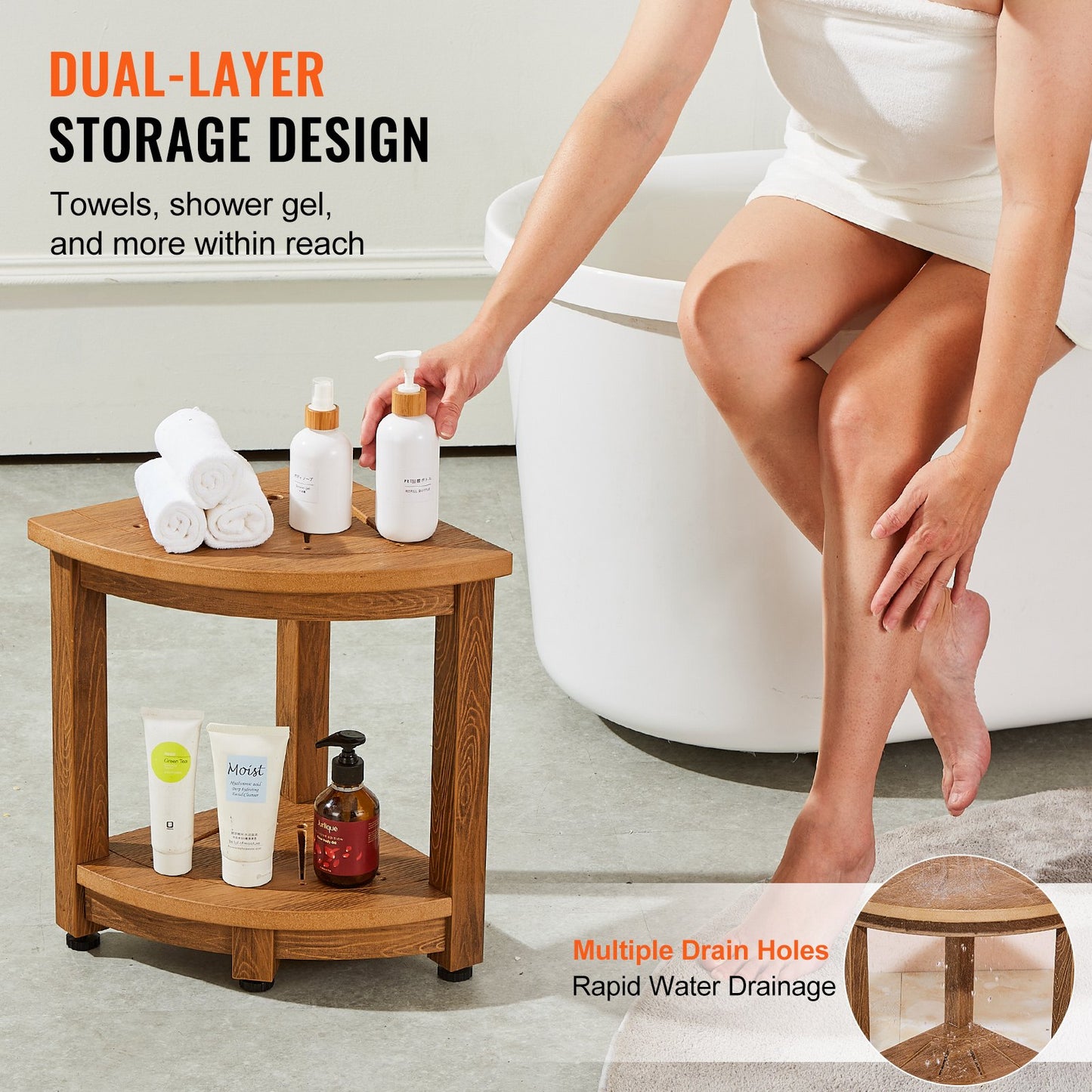 Corner Shower Stool, 16.5" Height 12.8" Radius, Faux Wood Grain Polystyrene, 350 LBS with Storage Shelf, Waterproof, Shower Stool for Indoor and Outdoor Shower, for Bathroom, Living Room