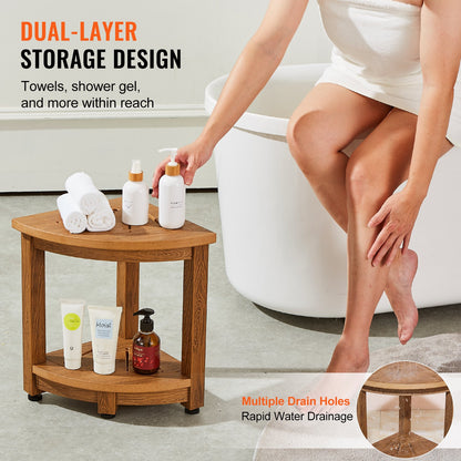 Corner Shower Stool, 16.5" Height 12.8" Radius, Faux Wood Grain Polystyrene, 350 LBS with Storage Shelf, Waterproof, Shower Stool for Indoor and Outdoor Shower, for Bathroom, Living Room