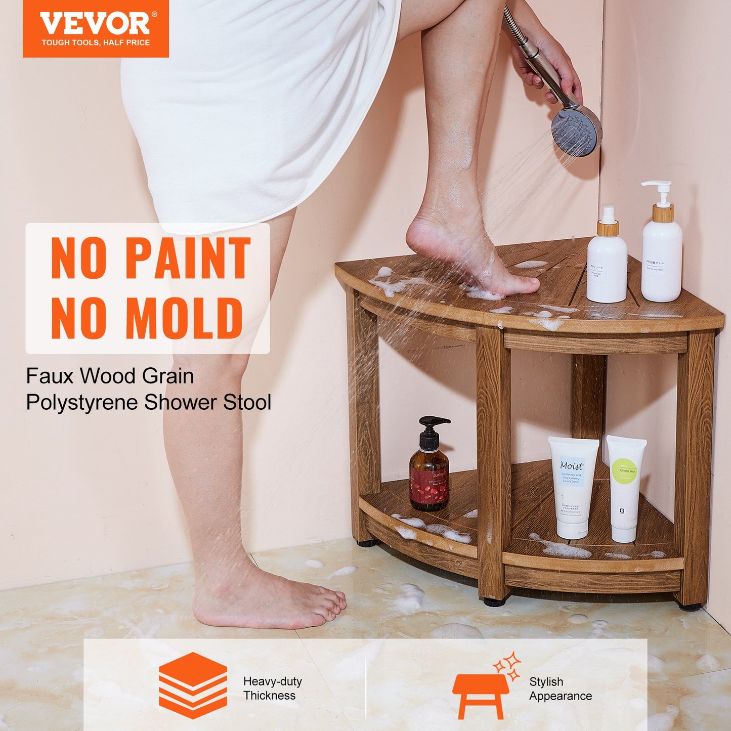 Corner Shower Stool, 18.5" Height 17.75" Radius, Faux Wood Grain Polystyrene, 350 LBS with Storage Shelf, Waterproof, Shower Stool for Indoor and Outdoor Shower, for Bathroom, Living Room