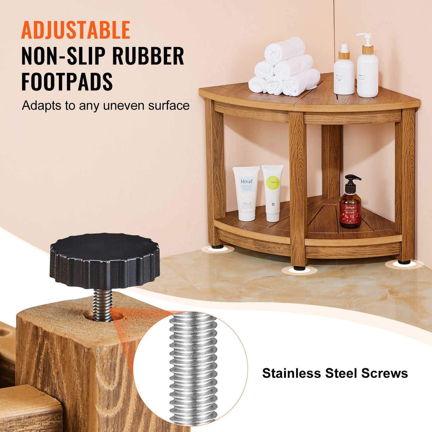 Corner Shower Stool, 18.5" Height 17.75" Radius, Faux Wood Grain Polystyrene, 350 LBS with Storage Shelf, Waterproof, Shower Stool for Indoor and Outdoor Shower, for Bathroom, Living Room