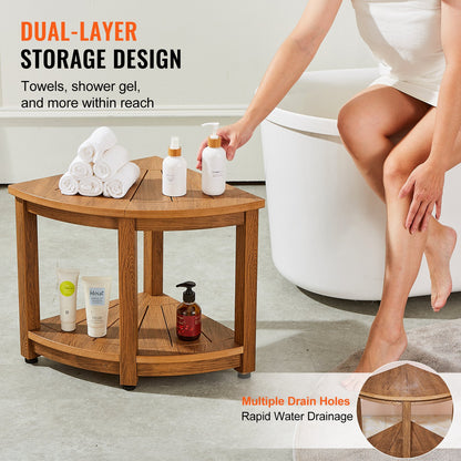 Corner Shower Stool, 18.5" Height 17.75" Radius, Faux Wood Grain Polystyrene, 350 LBS with Storage Shelf, Waterproof, Shower Stool for Indoor and Outdoor Shower, for Bathroom, Living Room