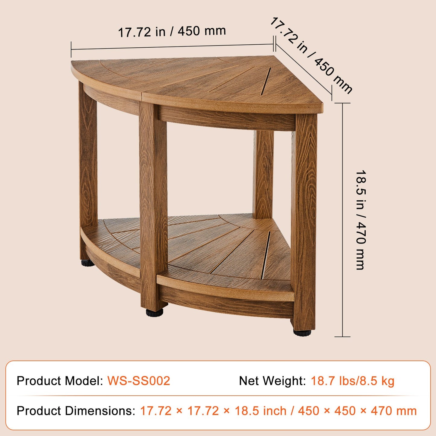 Corner Shower Stool, 18.5" Height 17.75" Radius, Faux Wood Grain Polystyrene, 350 LBS with Storage Shelf, Waterproof, Shower Stool for Indoor and Outdoor Shower, for Bathroom, Living Room