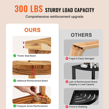 Hörnduschbänk i teak, 17 tum höjd 12 tum radie, 100 % teak hörnduschstrand, mögelbeständig, 300 LBS med förvaringshylla, duschpall för inne- och utedusch, för badrum