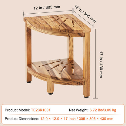 Hörnduschbänk i teak, 17 tum höjd 12 tum radie, 100 % teak hörnduschstrand, mögelbeständig, 300 LBS med förvaringshylla, duschpall för inne- och utedusch, för badrum