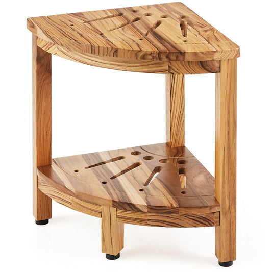 Hörnduschbänk i teak, 17 tum höjd 12 tum radie, 100 % teak hörnduschstrand, mögelbeständig, 300 LBS med förvaringshylla, duschpall för inne- och utedusch, för badrum