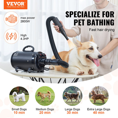 Dog Dryer, 2000W/2.7HP Dog Hair Dryer, Pet Grooming Dryer with Adjustable Speed and Temperature Control, Pet Hair Dryer with 4 Nozzles and Extendable Hose, Black