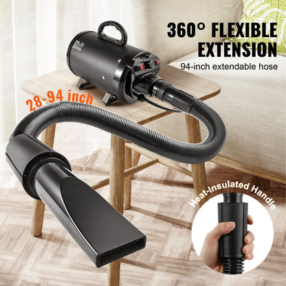Dog Dryer, 2000W/2.7HP Dog Hair Dryer, Pet Grooming Dryer with Adjustable Speed and Temperature Control, Pet Hair Dryer with 4 Nozzles and Extendable Hose, Black