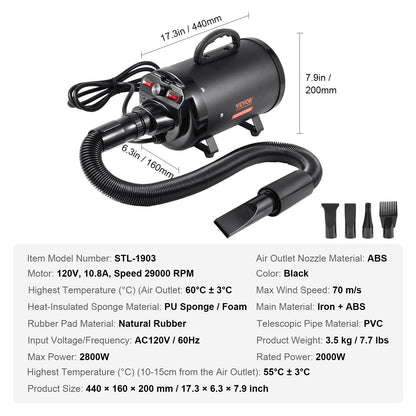 Dog Dryer, 2000W/2.7HP Dog Hair Dryer, Pet Grooming Dryer with Adjustable Speed and Temperature Control, Pet Hair Dryer with 4 Nozzles and Extendable Hose, Black