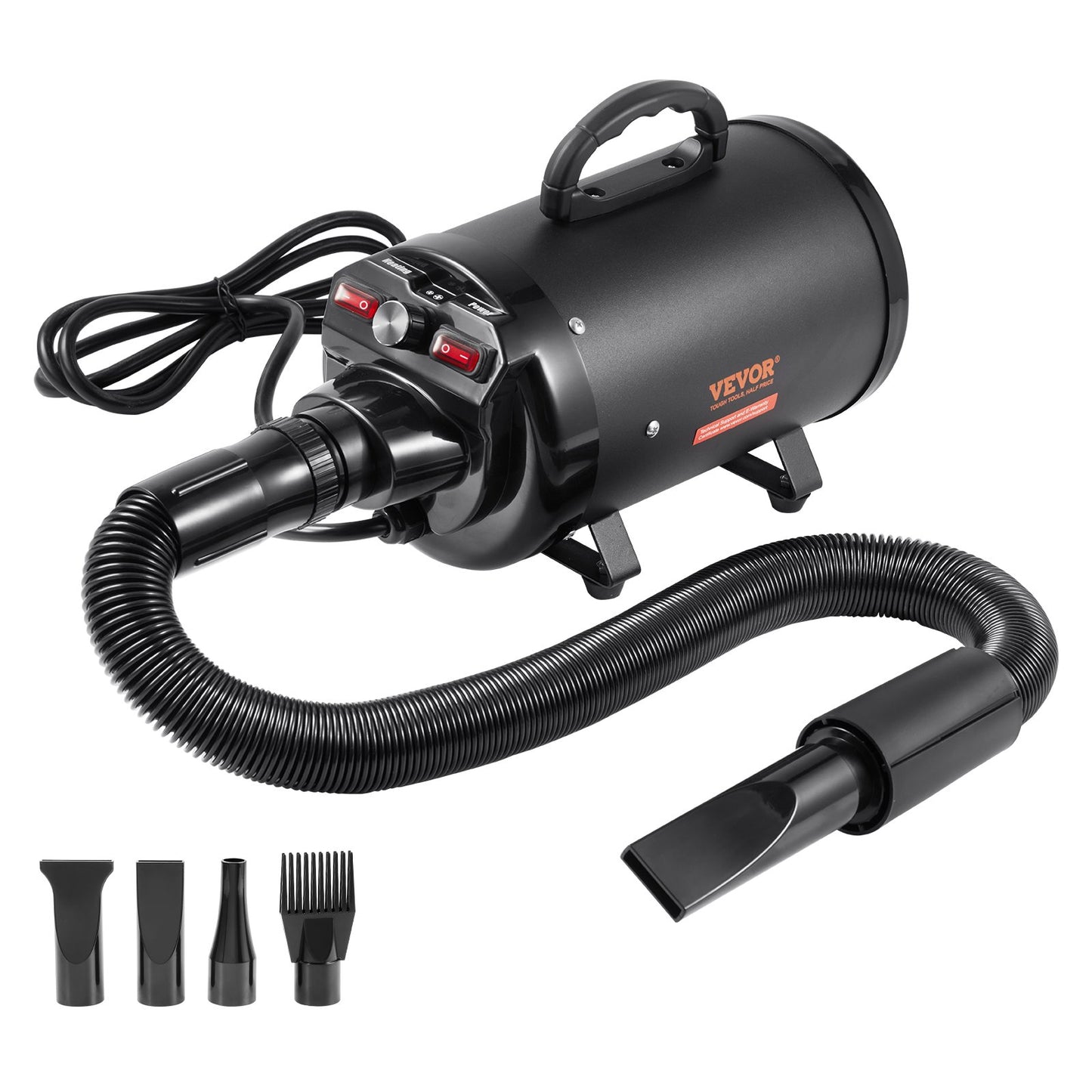 Dog Dryer, 2000W/2.7HP Dog Hair Dryer, Pet Grooming Dryer with Adjustable Speed and Temperature Control, Pet Hair Dryer with 4 Nozzles and Extendable Hose, Black