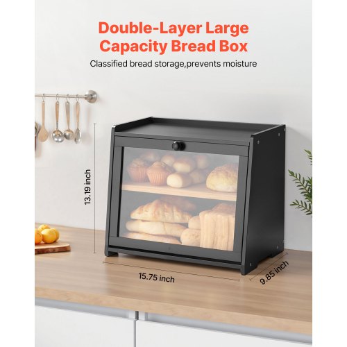 Double Layered Bread Box for Kitchen Countertop Bamboo Storage Box Bread Box