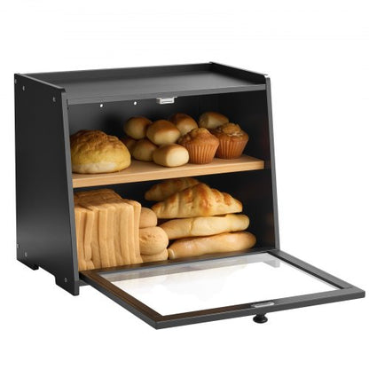 Double Layered Bread Box for Kitchen Countertop Bamboo Storage Box Bread Box