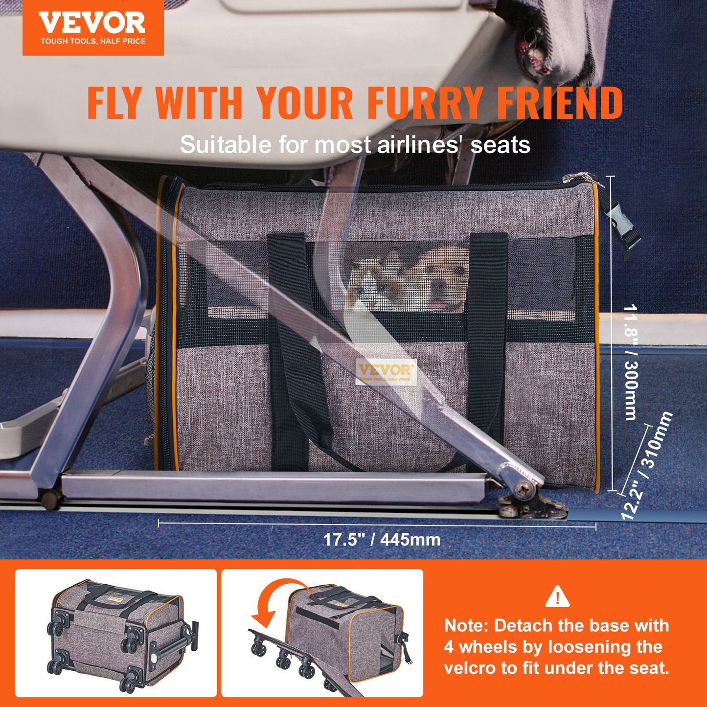 Cat Carrier with Wheels, Airline Approved Rolling Pet Carrier with Telescopic Handle and Shoulder Strap, Dog Carrier with Wheels for Pets Under 22 lbs, with 1 Collapsible Bowl, Gray