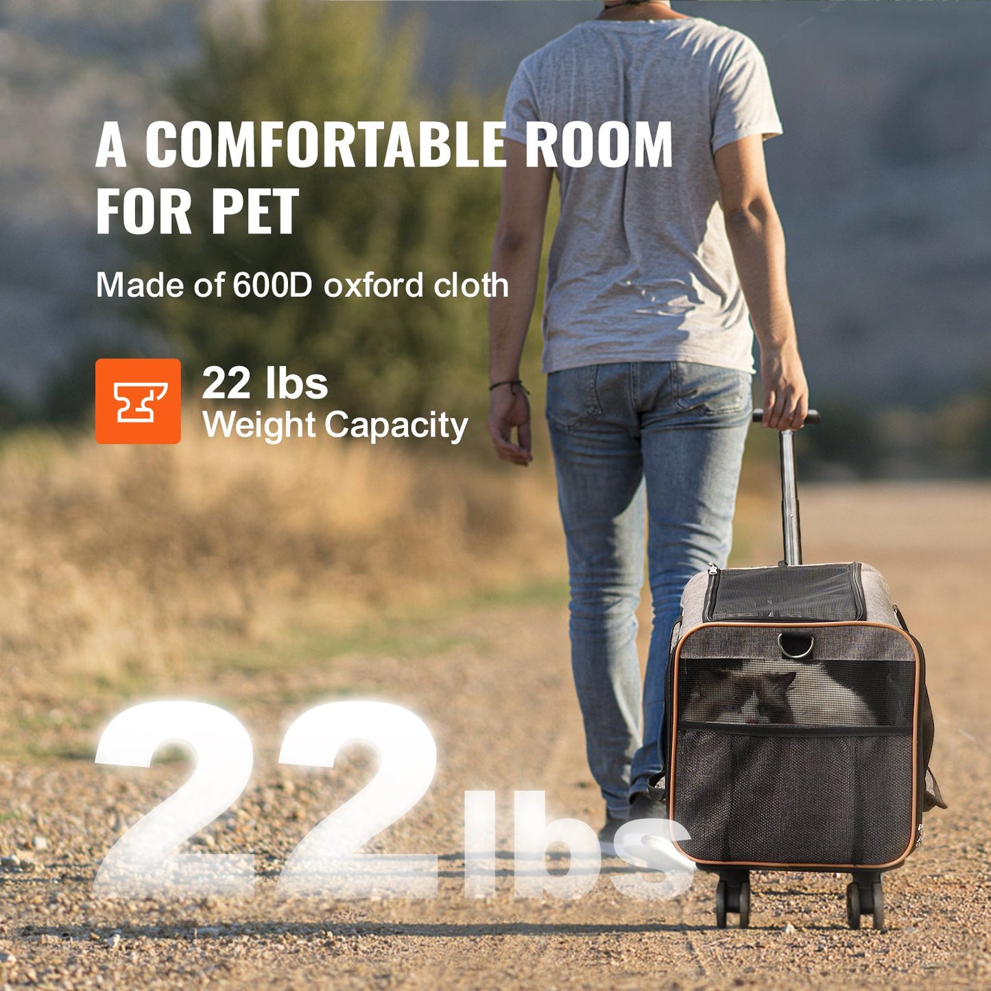 Cat Carrier with Wheels, Airline Approved Rolling Pet Carrier with Telescopic Handle and Shoulder Strap, Dog Carrier with Wheels for Pets Under 22 lbs, with 1 Collapsible Bowl, Gray