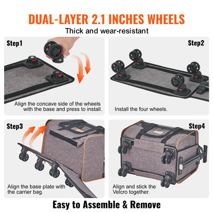 Cat Carrier with Wheels, Airline Approved Rolling Pet Carrier with Telescopic Handle and Shoulder Strap, Dog Carrier with Wheels for Pets Under 22 lbs, with 1 Collapsible Bowl, Gray