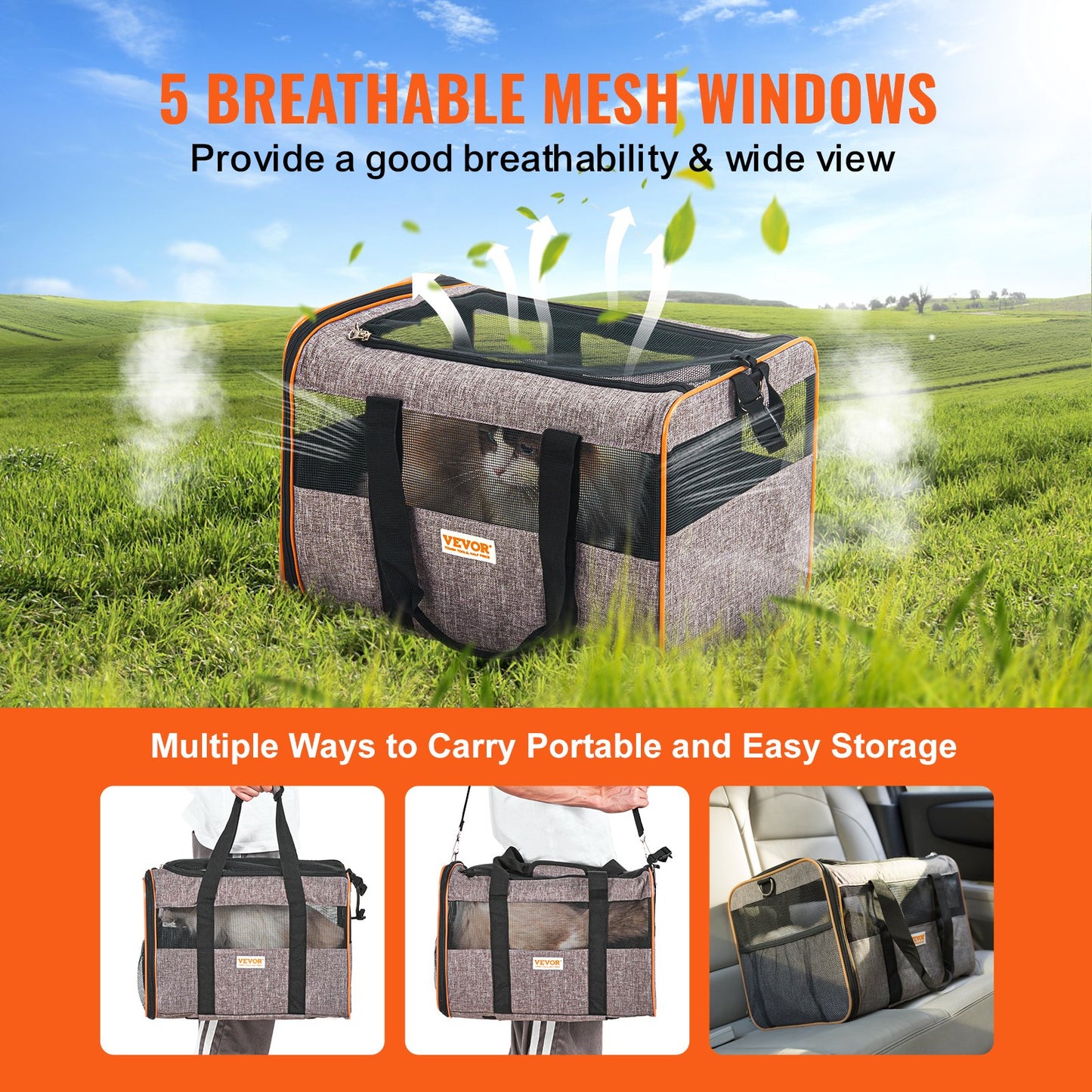 Cat Carrier with Wheels, Airline Approved Rolling Pet Carrier with Telescopic Handle and Shoulder Strap, Dog Carrier with Wheels for Pets Under 22 lbs, with 1 Collapsible Bowl, Gray