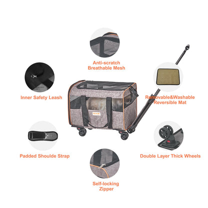 Cat Carrier with Wheels, Airline Approved Rolling Pet Carrier with Telescopic Handle and Shoulder Strap, Dog Carrier with Wheels for Pets Under 22 lbs, with 1 Collapsible Bowl, Gray