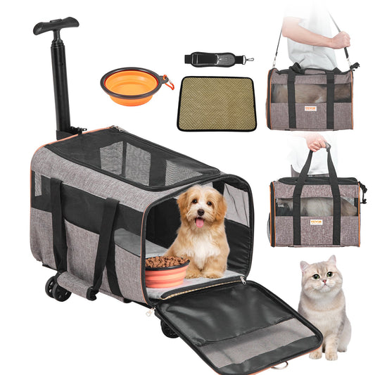 Cat Carrier with Wheels, Airline Approved Rolling Pet Carrier with Telescopic Handle and Shoulder Strap, Dog Carrier with Wheels for Pets Under 22 lbs, with 1 Collapsible Bowl, Gray