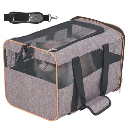 Cat Carrier with Wheels, Airline Approved Rolling Pet Carrier with Telescopic Handle and Shoulder Strap, Dog Carrier with Wheels for Pets Under 22 lbs, with 1 Collapsible Bowl, Gray
