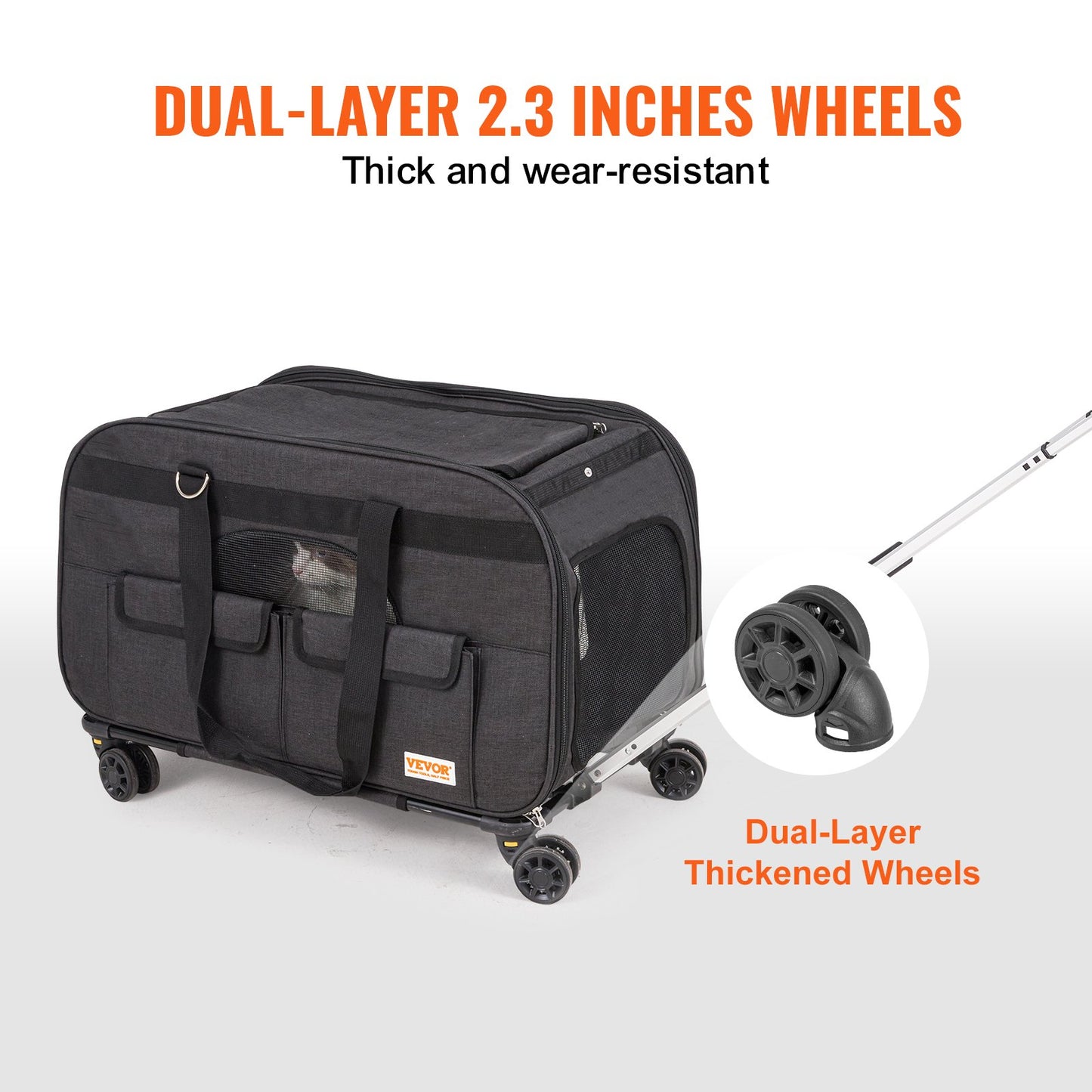 Cat Carrier with Wheels, Rolling Pet Carrier with Telescopic Handle and Shoulder Strap, Dog Carrier with Wheels for Pets Under 35 lbs, with 1 Collapsible Bowl, Black