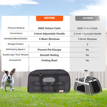 Cat Carrier with Wheels, Rolling Pet Carrier with Telescopic Handle and Shoulder Strap, Dog Carrier with Wheels for Pets Under 35 lbs, with 1 Collapsible Bowl, Black