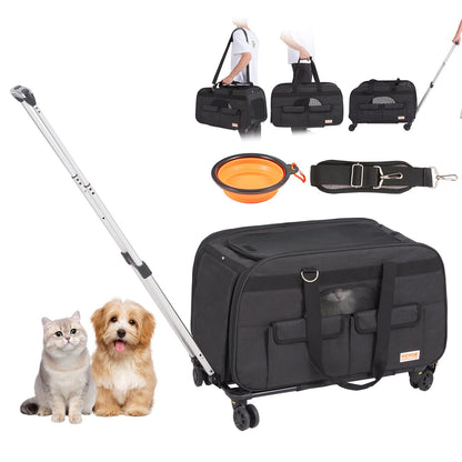 Cat Carrier with Wheels, Rolling Pet Carrier with Telescopic Handle and Shoulder Strap, Dog Carrier with Wheels for Pets Under 35 lbs, with 1 Collapsible Bowl, Black