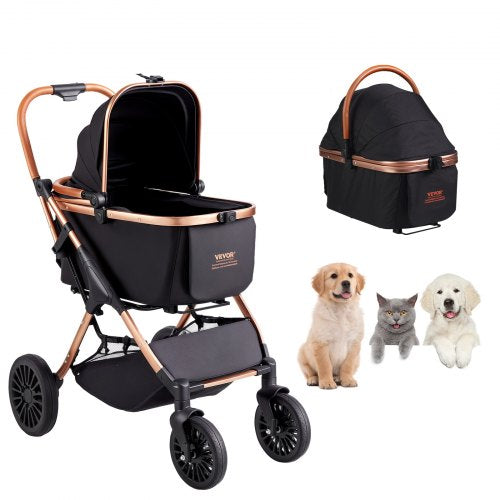 pet cart, 4-wheel dog cart rotate with brakes, 29.9 kg weight capacity, puppy cart with removable carrier, storage basket and pet pad, for small to medium dogs, black | EU
