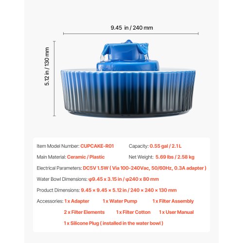 Keramik-Katzenbrunnen 2,1 l Cupcake-Haustierbrunnen für Katzen und Hunde | EU