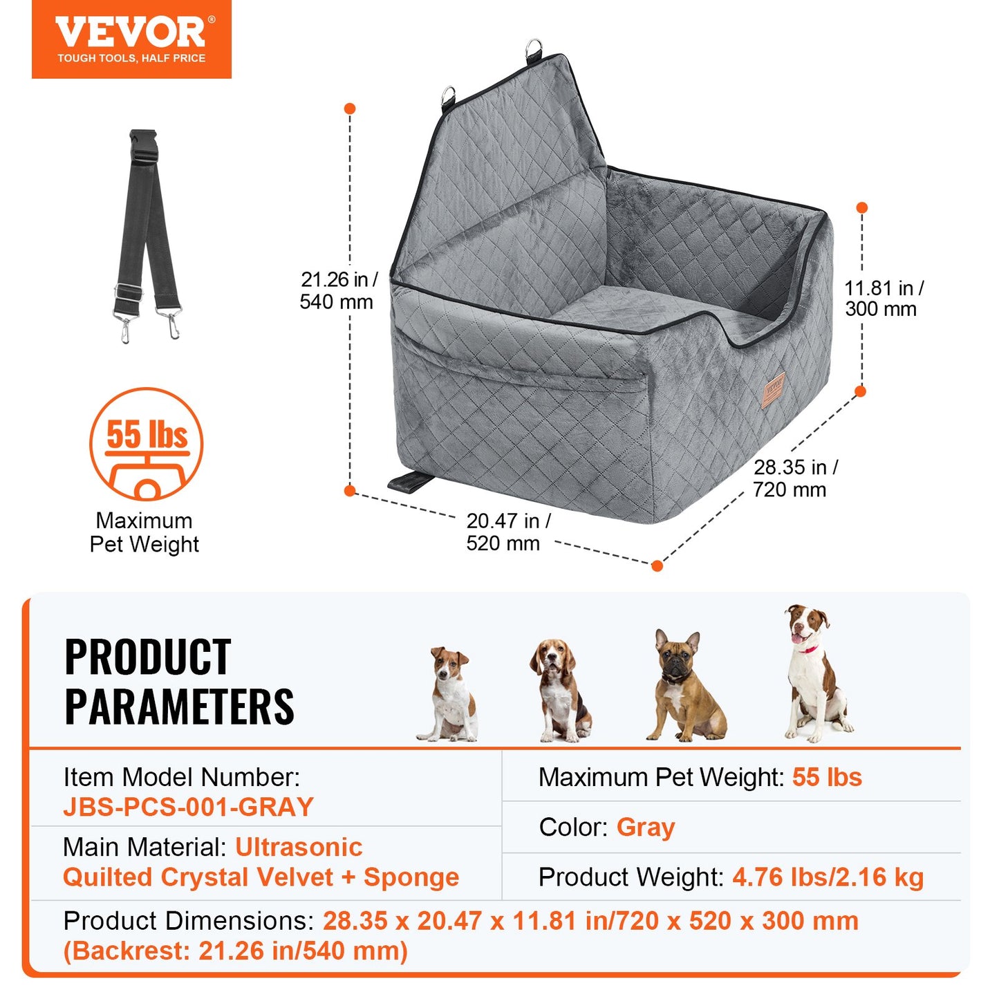 Dog Booster Car Seat Pet Car Seat för medelstor hund upp till 55 lbs Grå