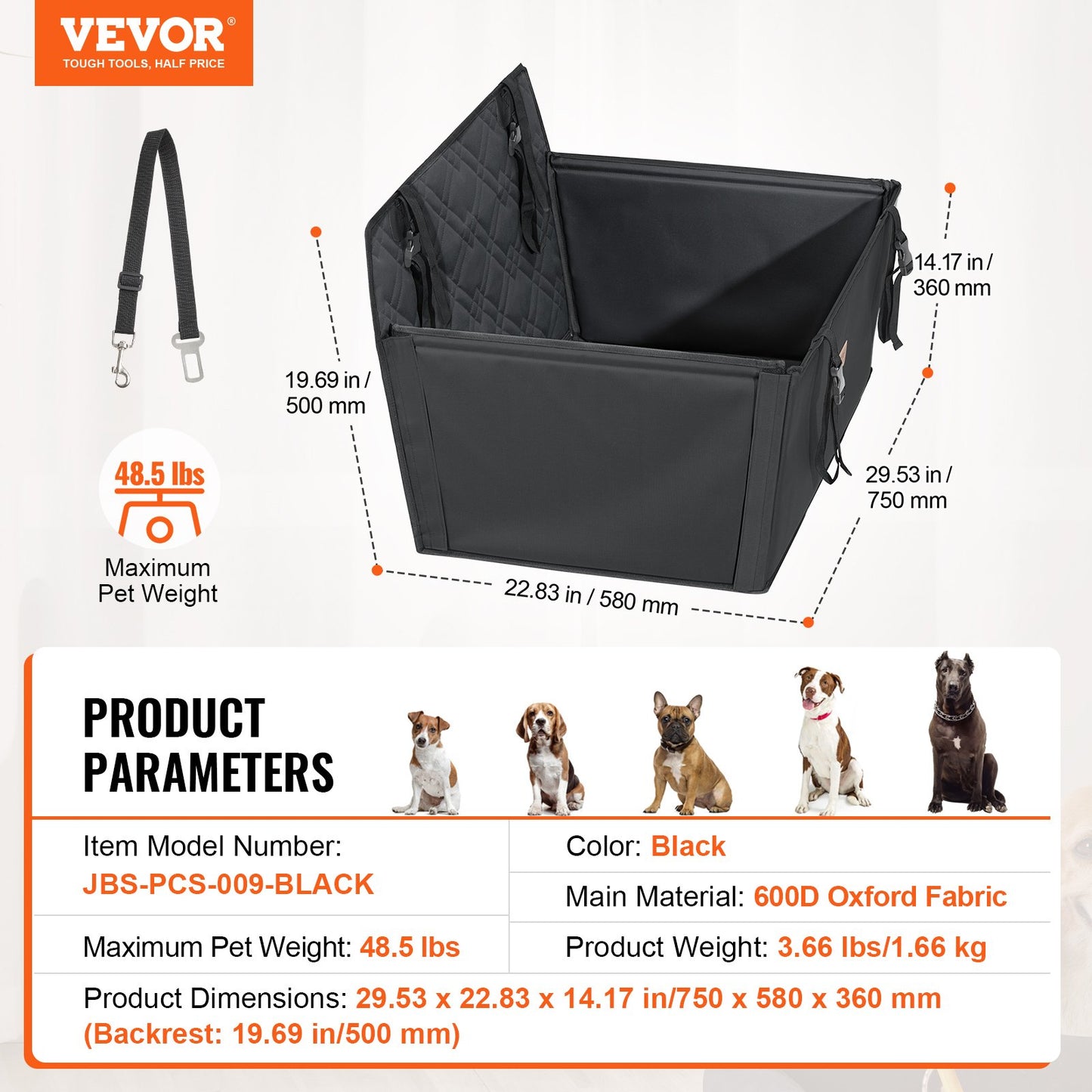Dog Booster Autositz, Haustier-Autositz für kleine und mittelgroße Hunde bis zu 22 kg, Schwarz