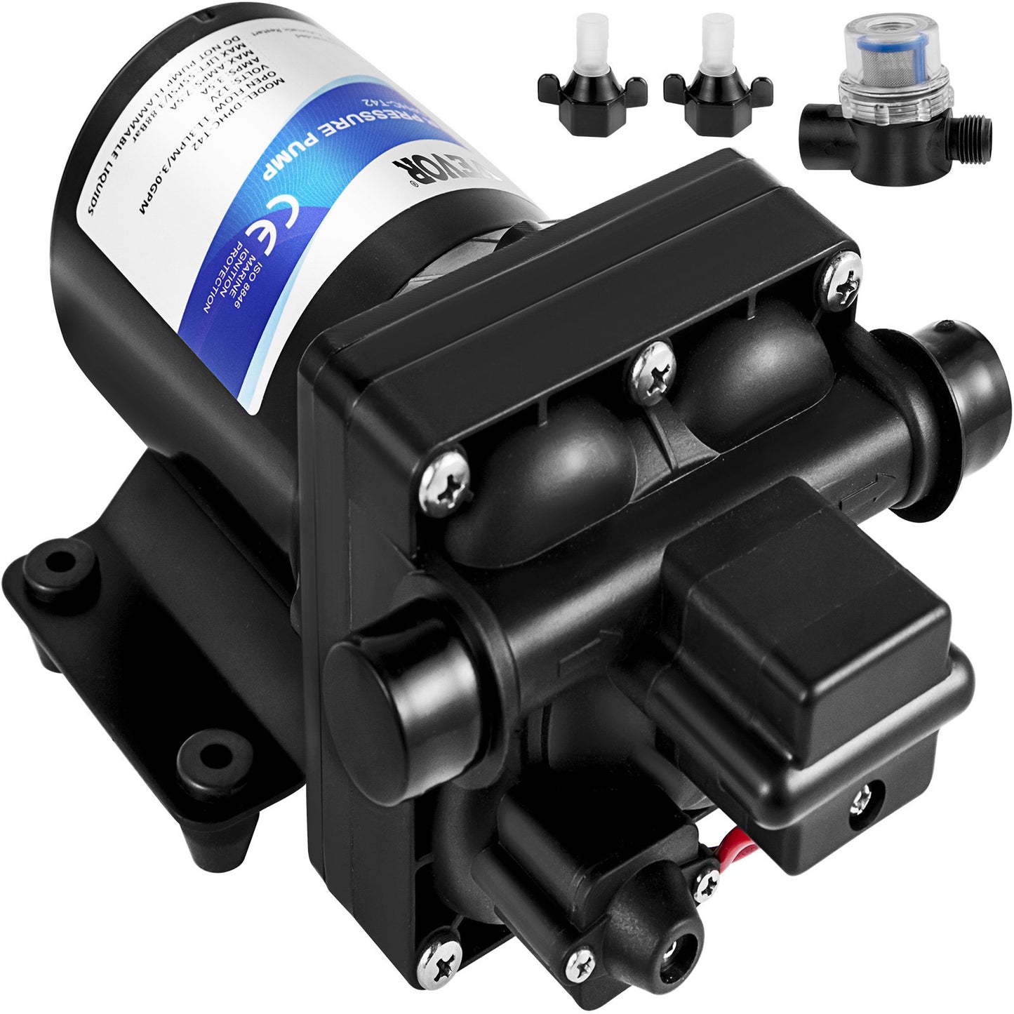 Färskvattenpump, 12 V självsugande sprutpump, 3 GPM RV vattenpump, med tryckbrytare 55 PSI självsugande vattenpump, löstagbar sil 12V membranpump för RV Camper Marine Boat Lawn