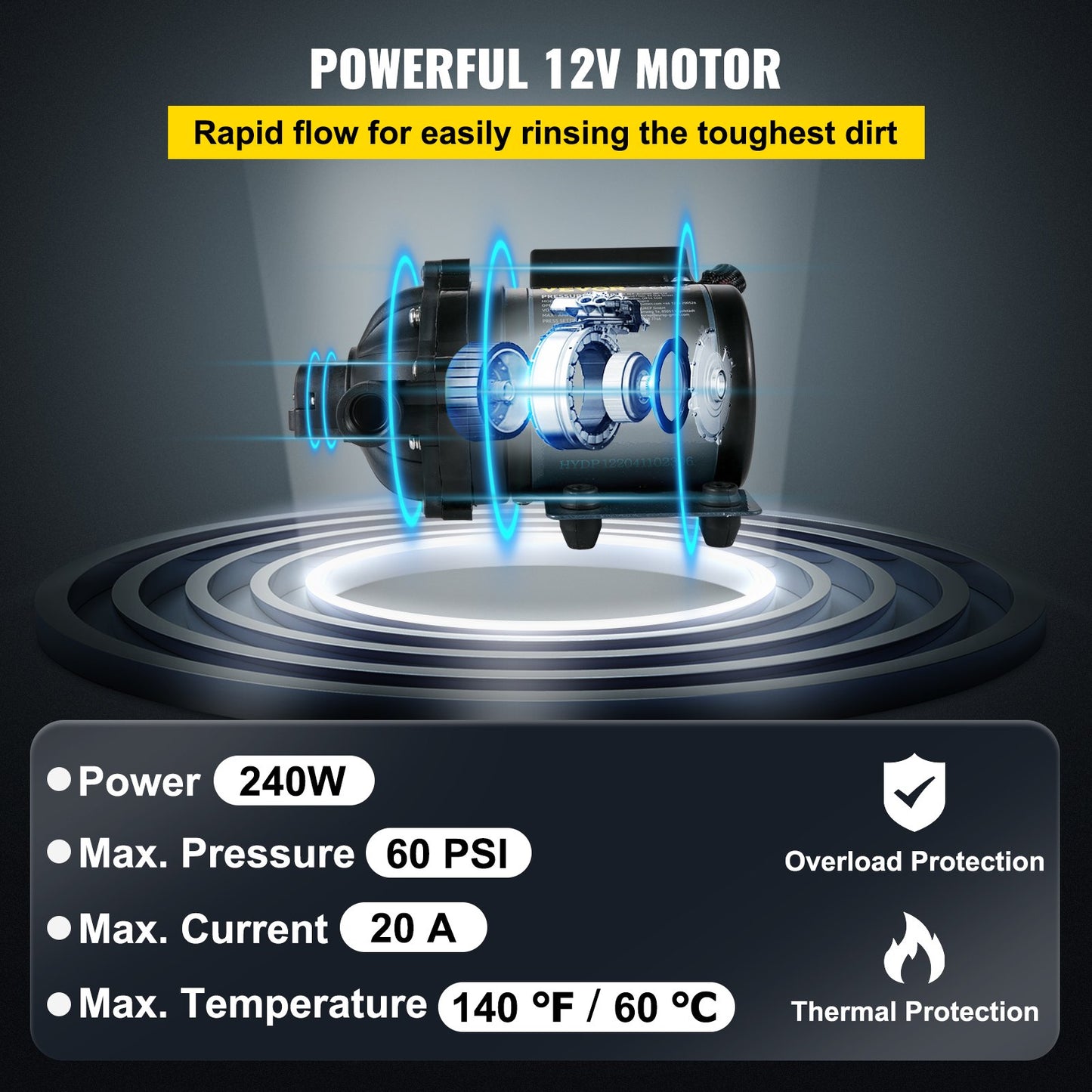 Washdown Pump, 12V DC, 7 GPM 60 PSI, Max. 10 FT Self-Priming Water Pump for Lifting, with EPDM Valve, Universal Saltwater Strainer &amp; Female/Male Thread, for RV, Marine Deck, Yacht