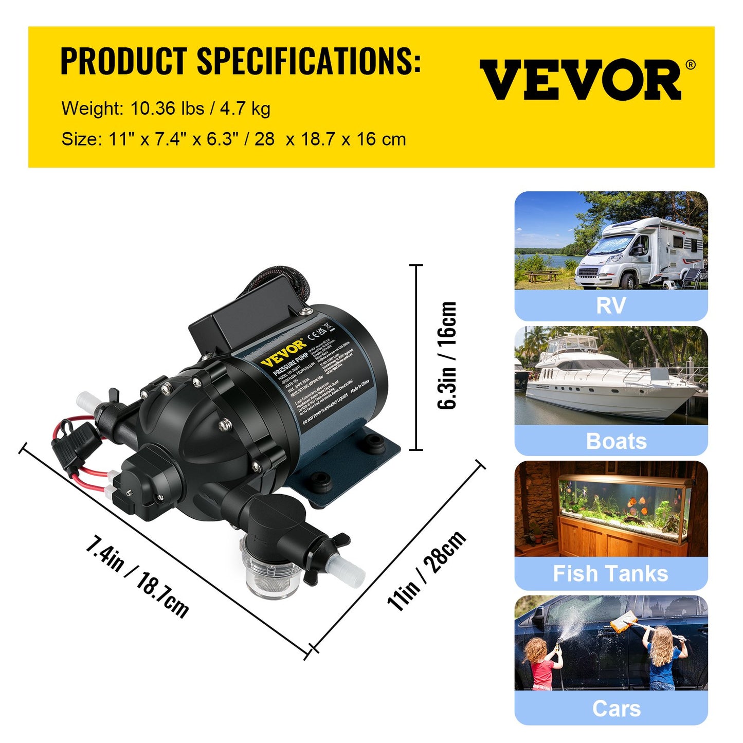 Washdown Pump, 12V DC, 7 GPM 60 PSI, Max. 10 FT Self-Priming Water Pump for Lifting, with EPDM Valve, Universal Saltwater Strainer &amp; Female/Male Thread, for RV, Marine Deck, Yacht
