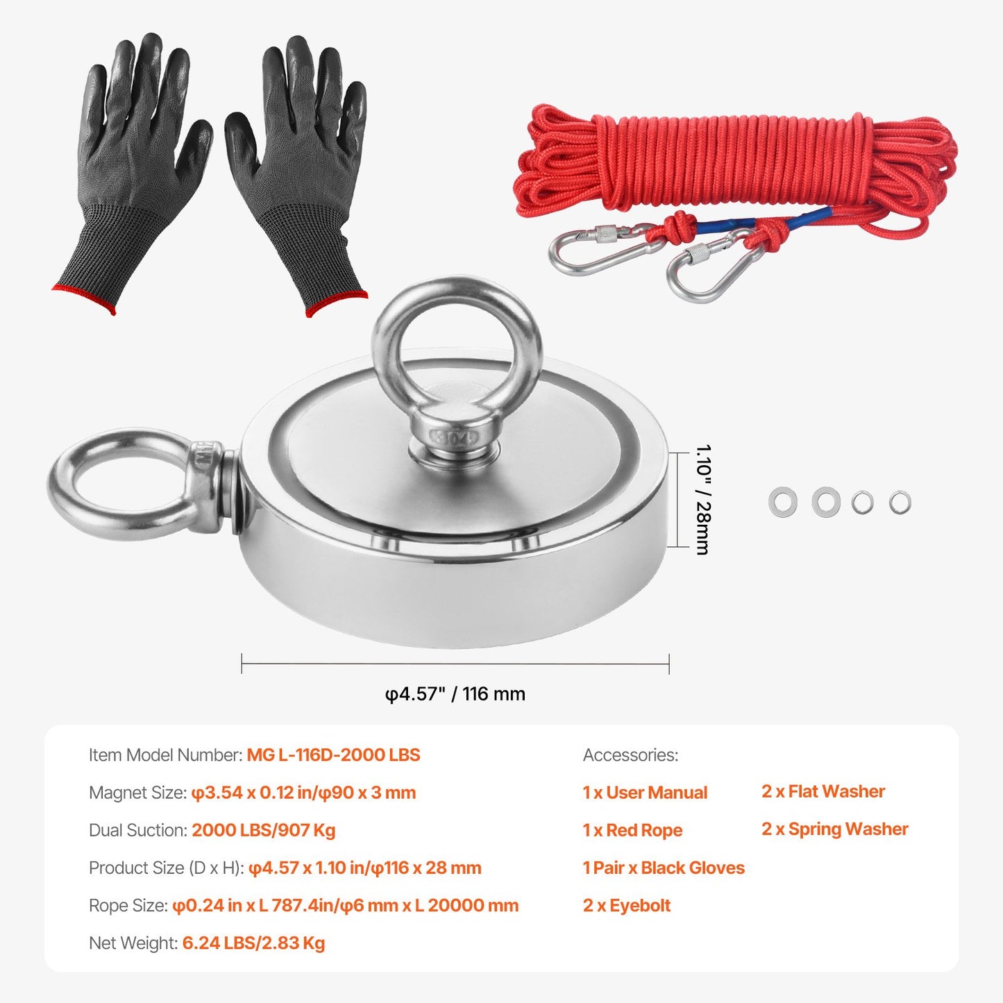 2000 LBS Strong Fishing Magnet Kit Double Sided Traction Rope Carabiner