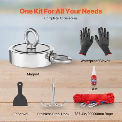 1700 LBS Strong Fishing Magnet Kit Double Sided Traction Rope Carabiner