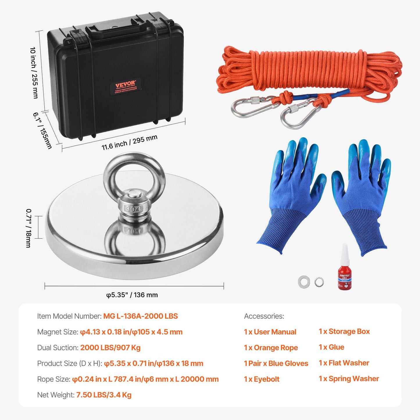 2000 LBS Strong Fishing Magnet Kit Single Sided Traction Rope Carabiner