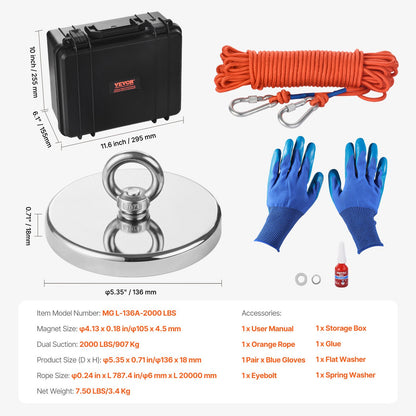 2000 LBS Strong Fishing Magnet Kit Single Sided Traction Rope Carabiner