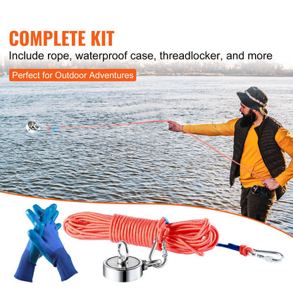 Magnet Fishing Kit, 1200lbs dragkraft dubbelsidiga fiskemagneter, 2,95 tums diameter magnet med rep, gripkrok, handskar, vattentät fodral, trådlås, ögonbult, för fiske