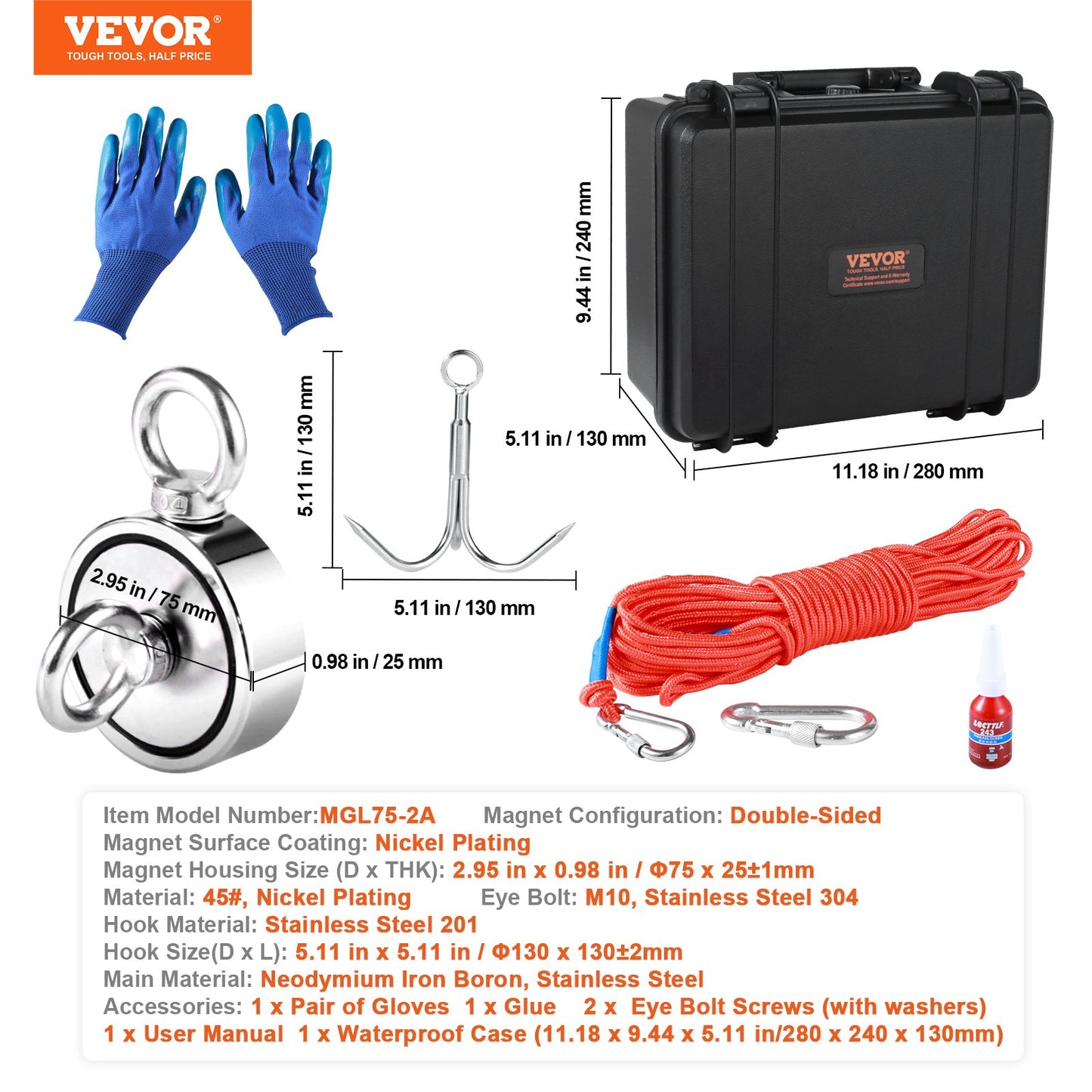 Magnet Fishing Kit, 1200lbs dragkraft dubbelsidiga fiskemagneter, 2,95 tums diameter magnet med rep, gripkrok, handskar, vattentät fodral, trådlås, ögonbult, för fiske