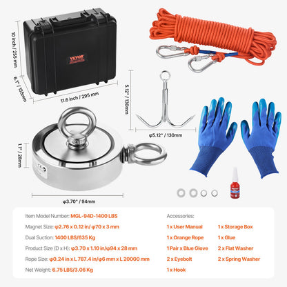 1400 LBS Strong Fishing Magnet Kit Dubbelsidig karbinhake med dragkraft