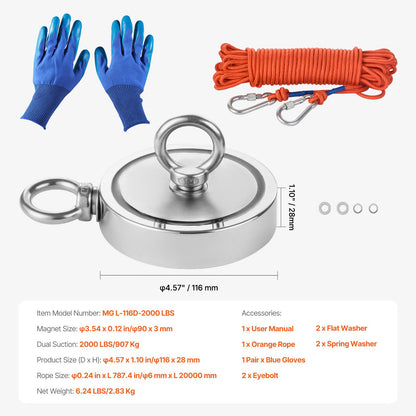 2000 LBS Strong Fishing Magnet Kit Dubbelsidig dragkraftsrep karbinhake