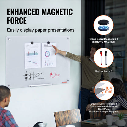 Magnetic Glass Whiteboard, Dry Erase Board 900 x 600 mm, Väggmonterad stor vit glastavla Ramlös, med markeringsbricka, ett suddgummi och 2 markörer, vit