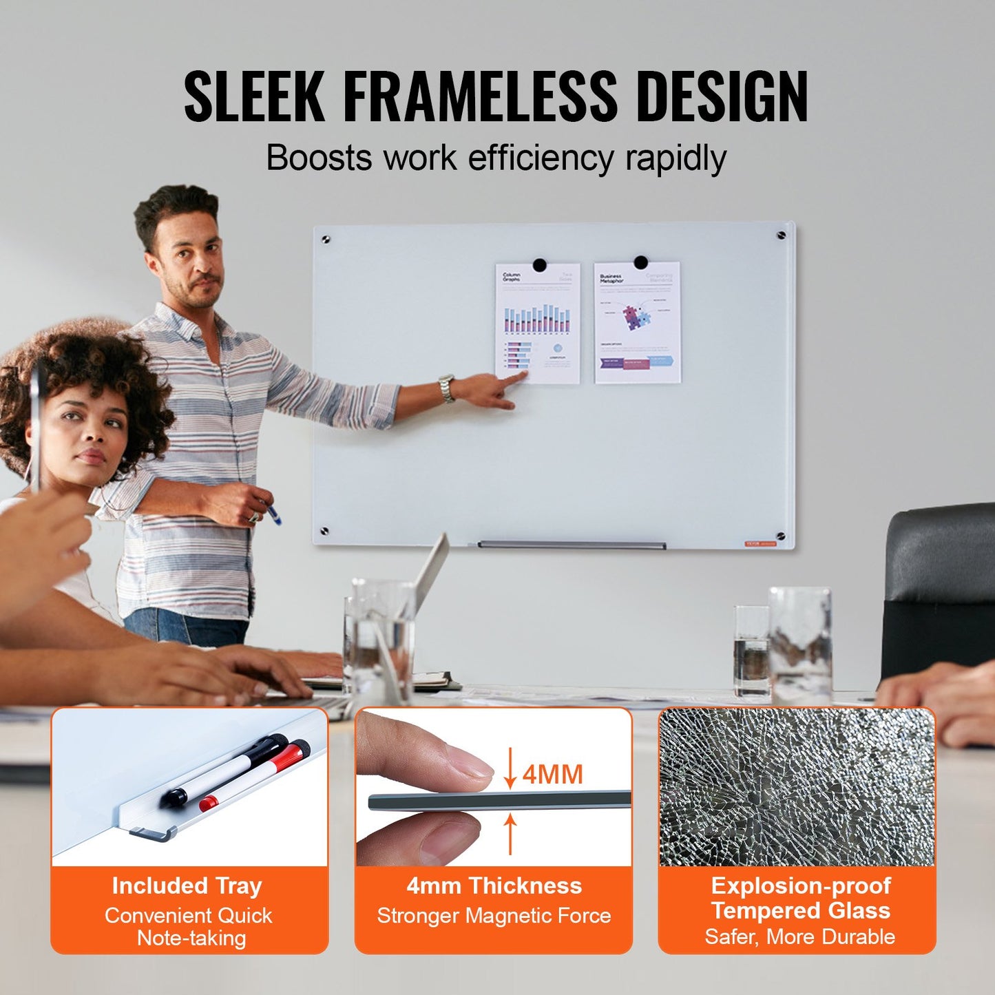Magnetic Glass Whiteboard, Dry Erase Board 900 x 600 mm, Väggmonterad stor vit glastavla Ramlös, med markeringsbricka, ett suddgummi och 2 markörer, vit