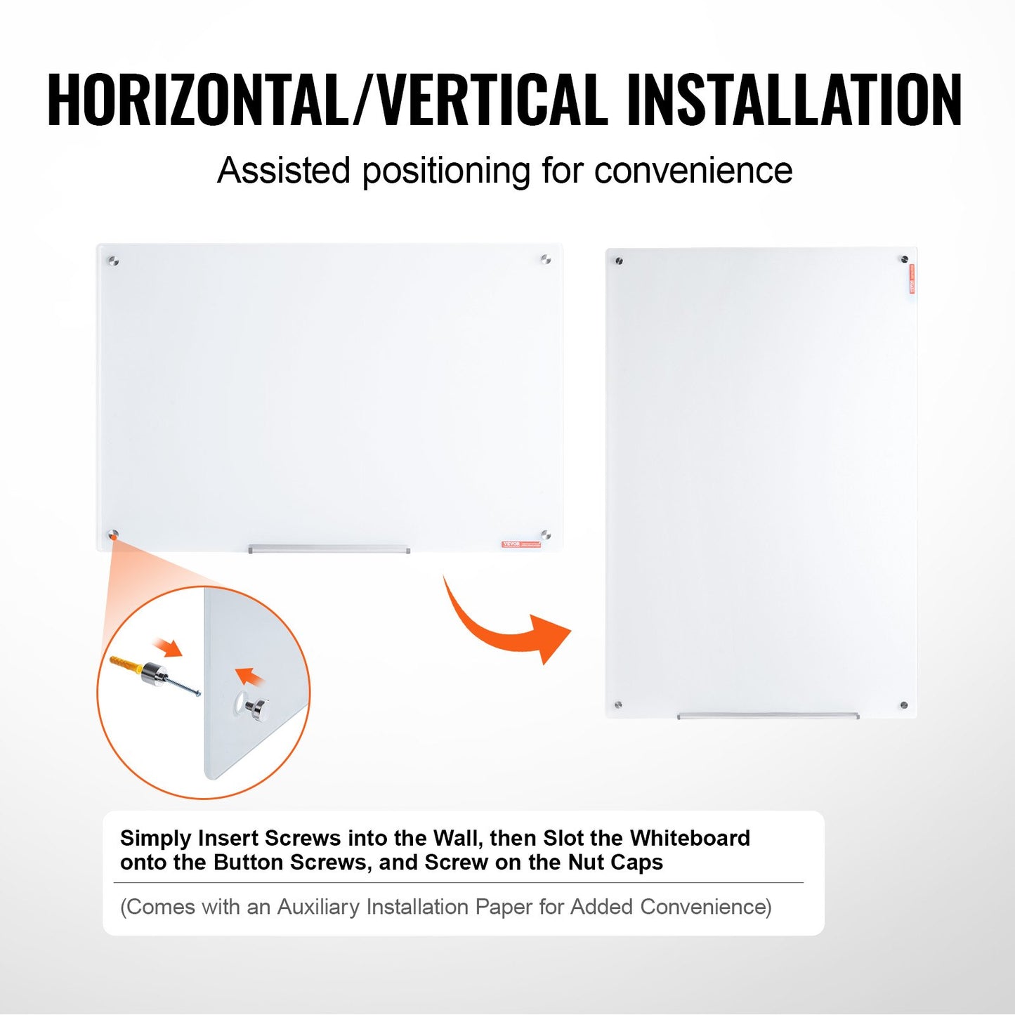 Magnetic Glass Whiteboard, Dry Erase Board 900 x 600 mm, Väggmonterad stor vit glastavla Ramlös, med markeringsbricka, ett suddgummi och 2 markörer, vit