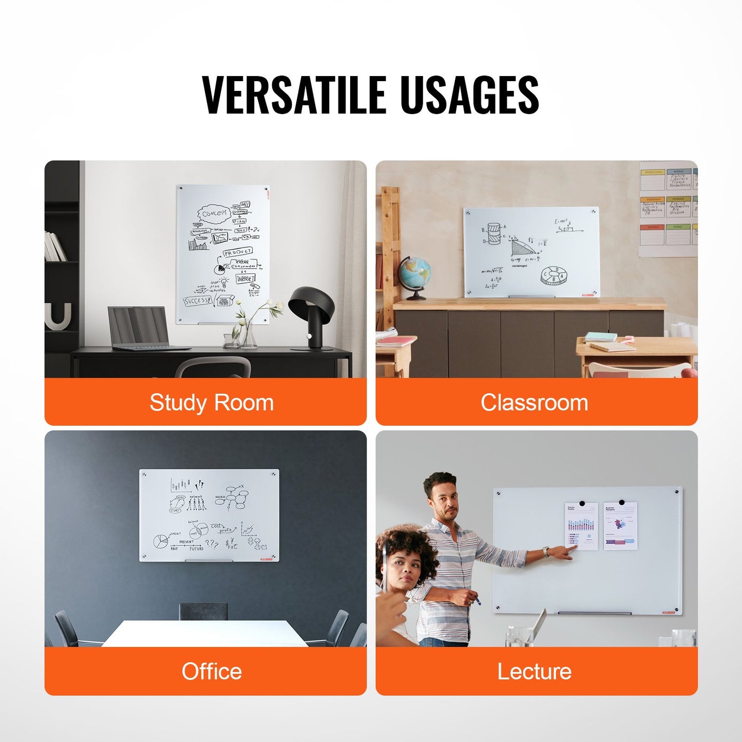 Magnetic Glass Whiteboard, Dry Erase Board 900 x 600 mm, Väggmonterad stor vit glastavla Ramlös, med markeringsbricka, ett suddgummi och 2 markörer, vit