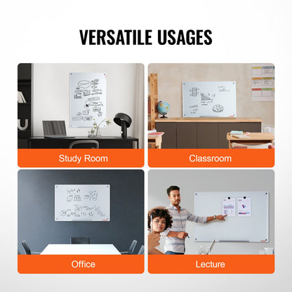 Magnetic Glass Whiteboard, Dry Erase Board 900 x 600 mm, Väggmonterad stor vit glastavla Ramlös, med markeringsbricka, ett suddgummi och 2 markörer, vit