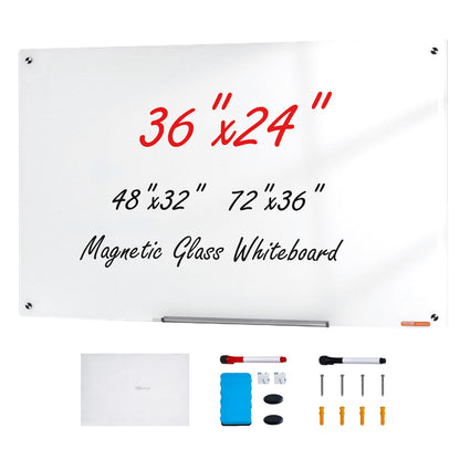 Magnetic Glass Whiteboard, Dry Erase Board 900 x 600 mm, Väggmonterad stor vit glastavla Ramlös, med markeringsbricka, ett suddgummi och 2 markörer, vit