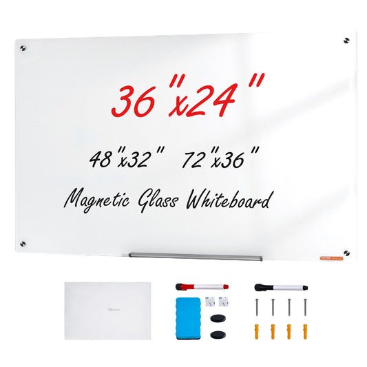 Magnetic Glass Whiteboard, Dry Erase Board 900 x 600 mm, Väggmonterad stor vit glastavla Ramlös, med markeringsbricka, ett suddgummi och 2 markörer, vit