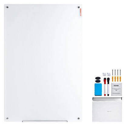 Magnetic Glass Whiteboard, Dry Erase Board 900 x 600 mm, Väggmonterad stor vit glastavla Ramlös, med markeringsbricka, ett suddgummi och 2 markörer, vit