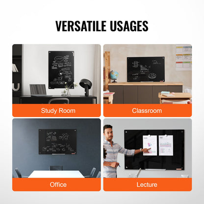 Magnetic Glass Whiteboard, Dry Erase Board 36"x24", väggmonterad stor vit glastavla utan ram, med markörbricka, ett suddgummi och 2 markörer, svart