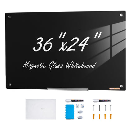 Magnetic Glass Whiteboard, Dry Erase Board 36"x24", väggmonterad stor vit glastavla utan ram, med markörbricka, ett suddgummi och 2 markörer, svart